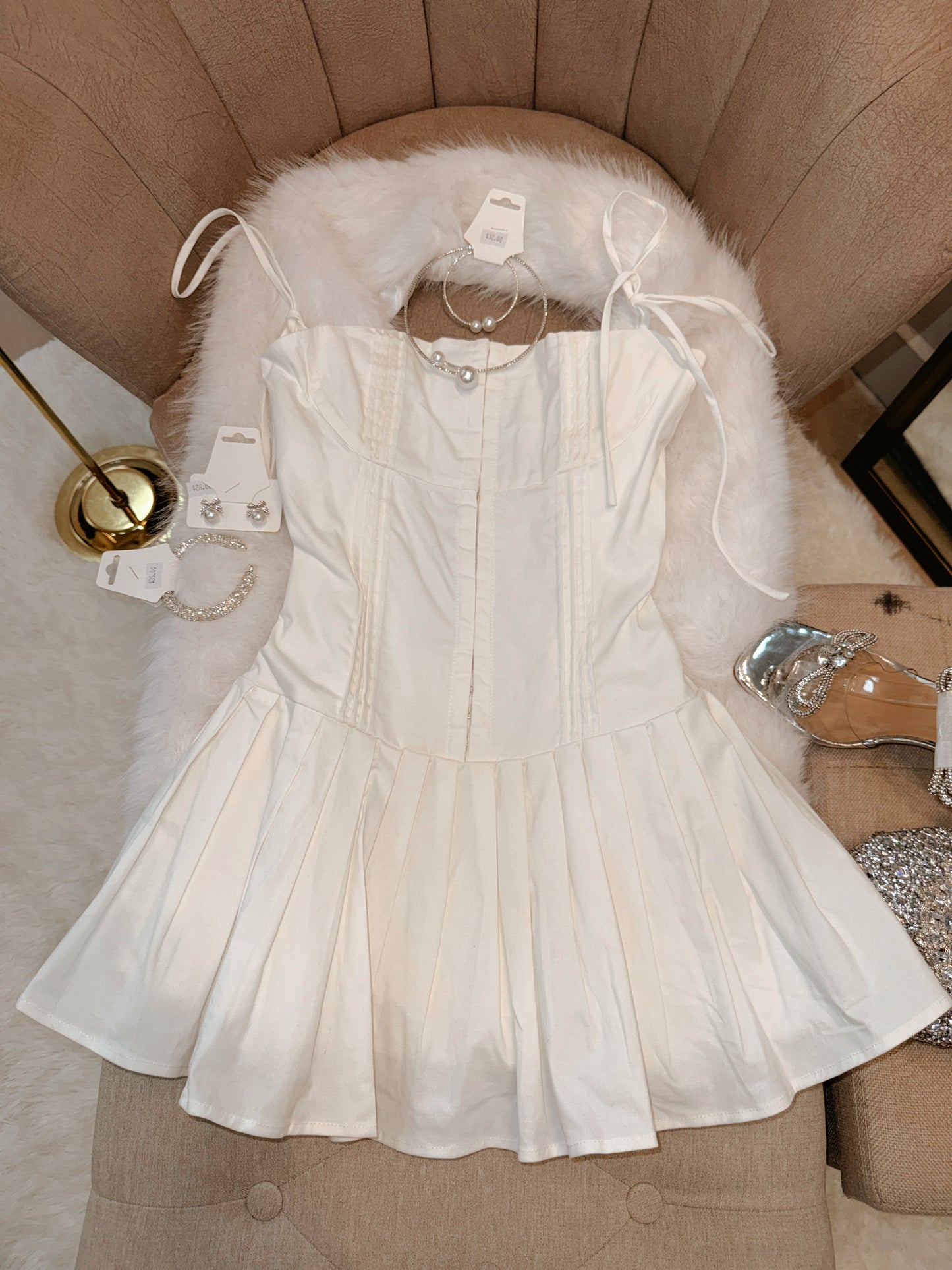 White Hook Pleated Mini Dress