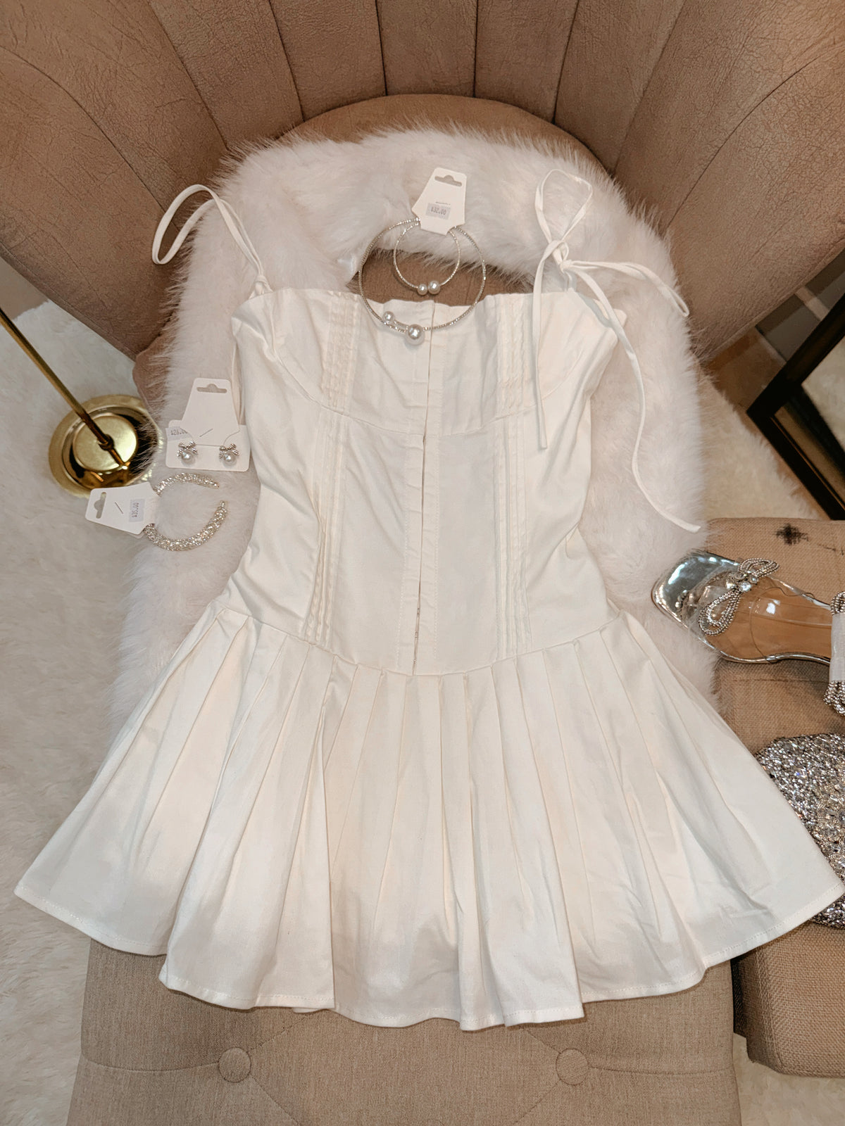 White Hook Pleated Mini Dress