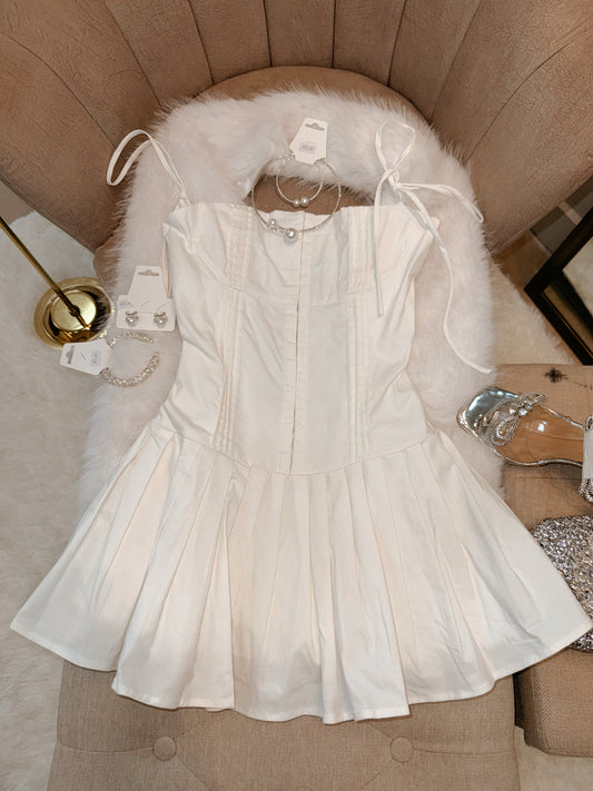 White Hook Pleated Mini Dress