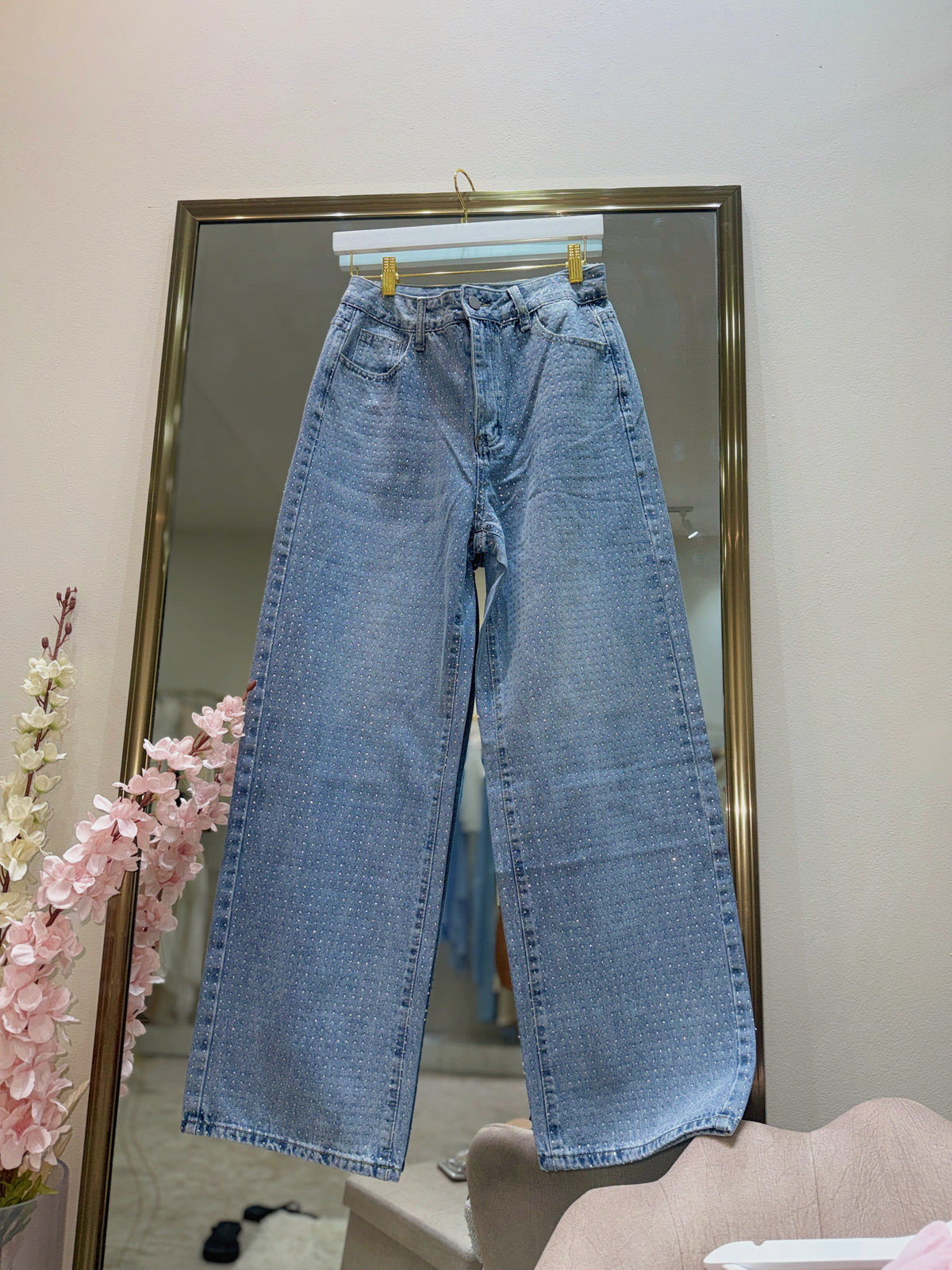 Rhinestone light wash Denim Wide leg jeans