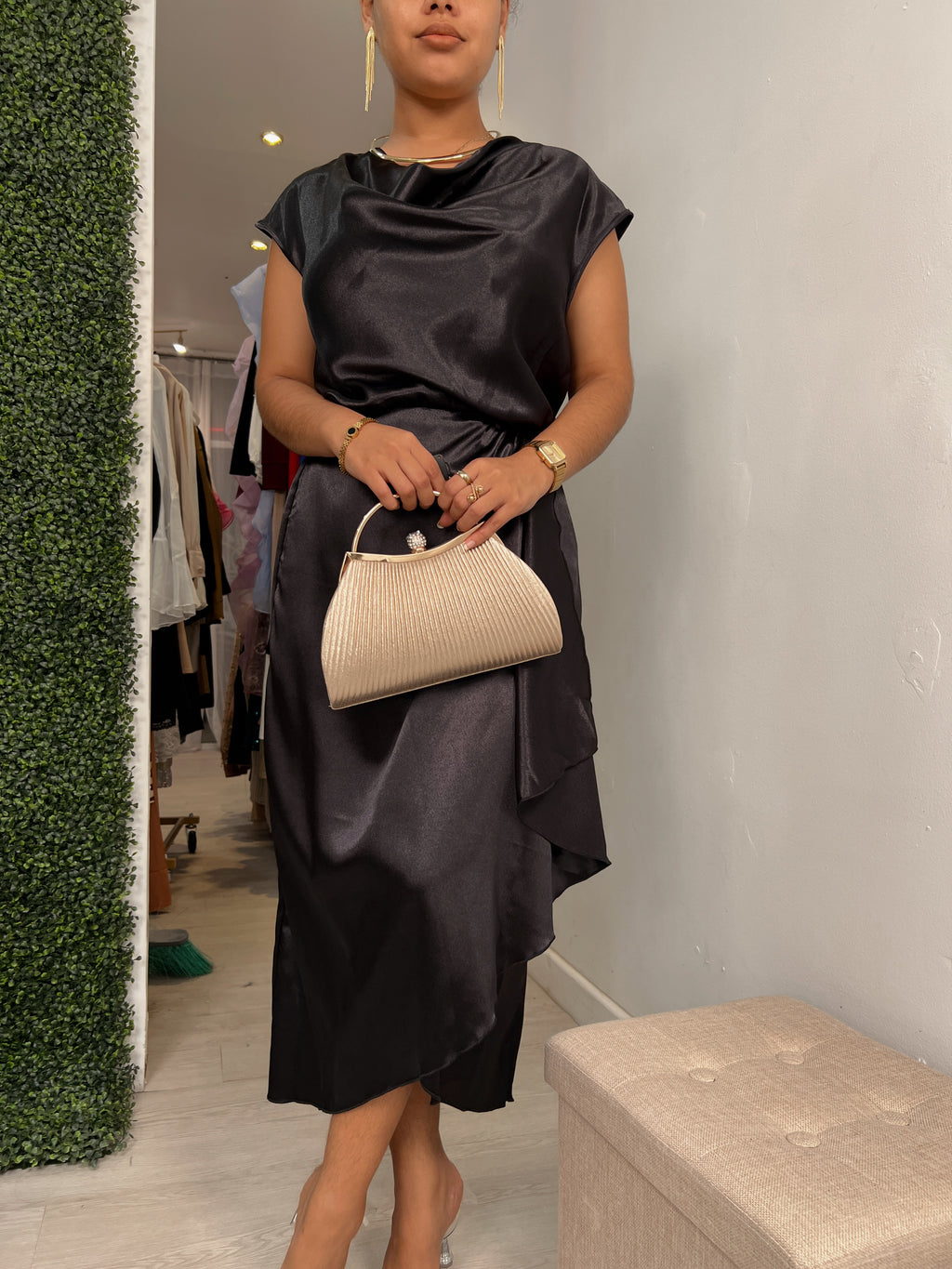 Black Silk Cowl Neck Wrap Midi Dress