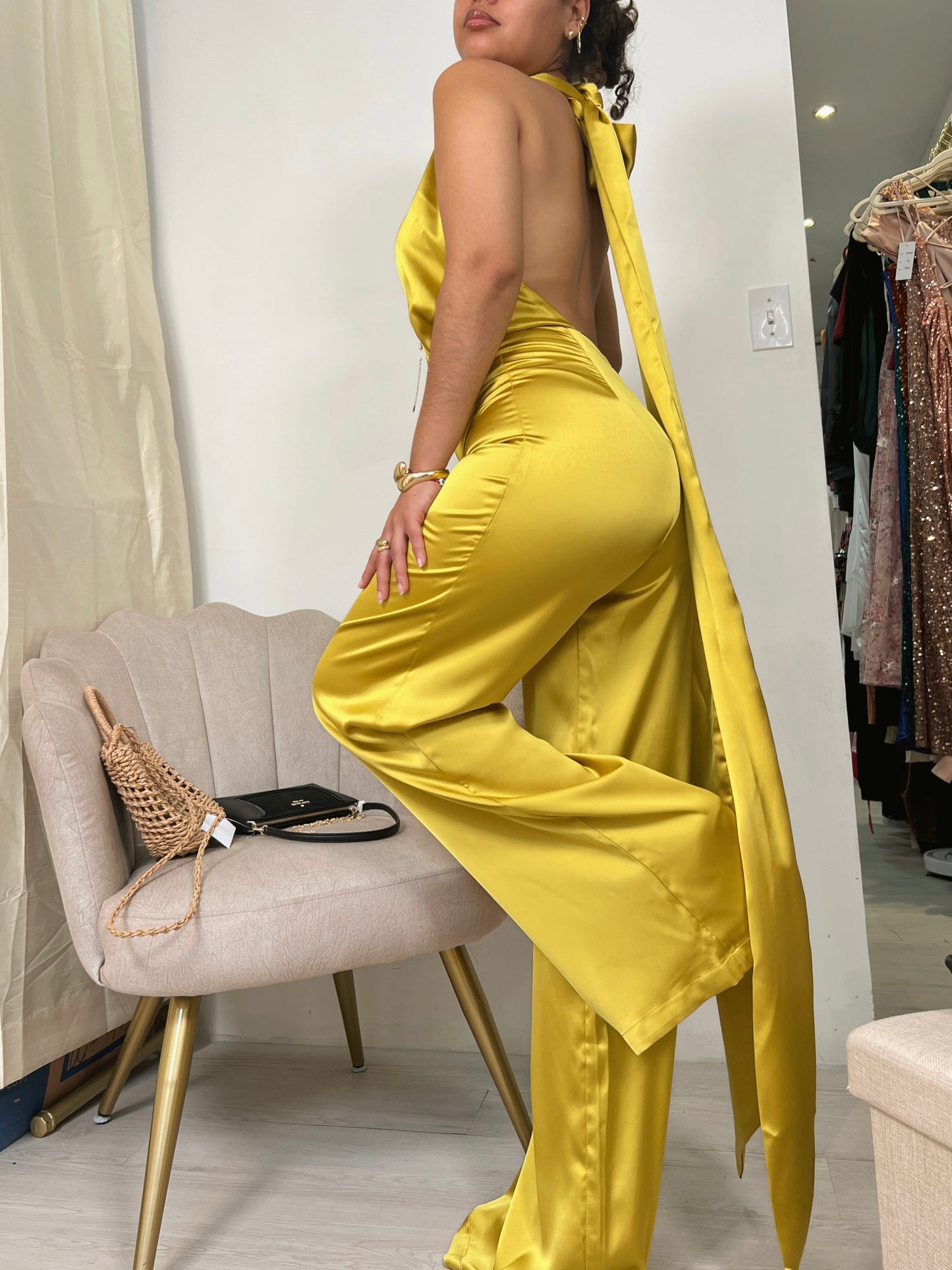 Chartreuse Satin Halter Jumpsuit