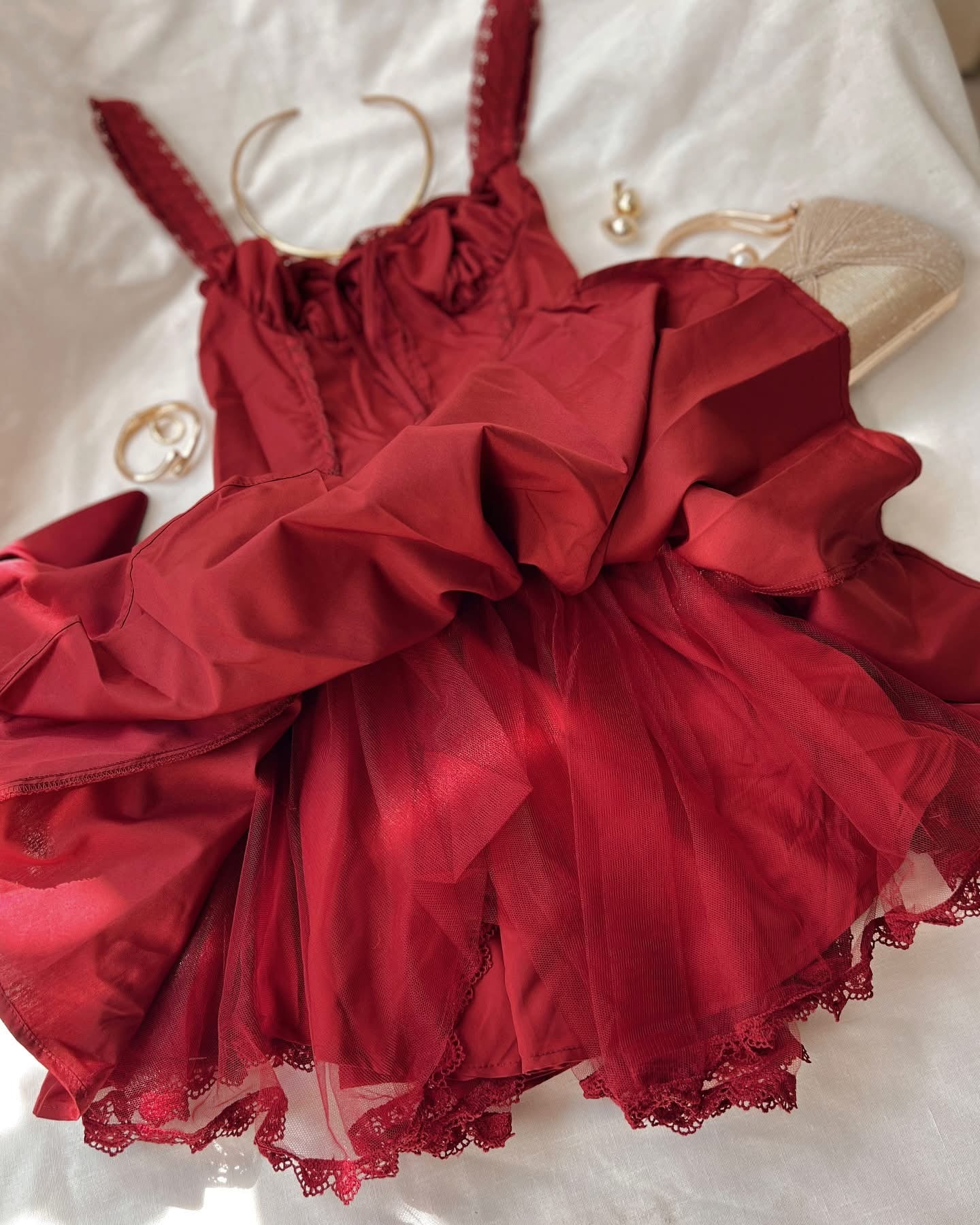 Maroon Tulle Bustier Mini Dress
