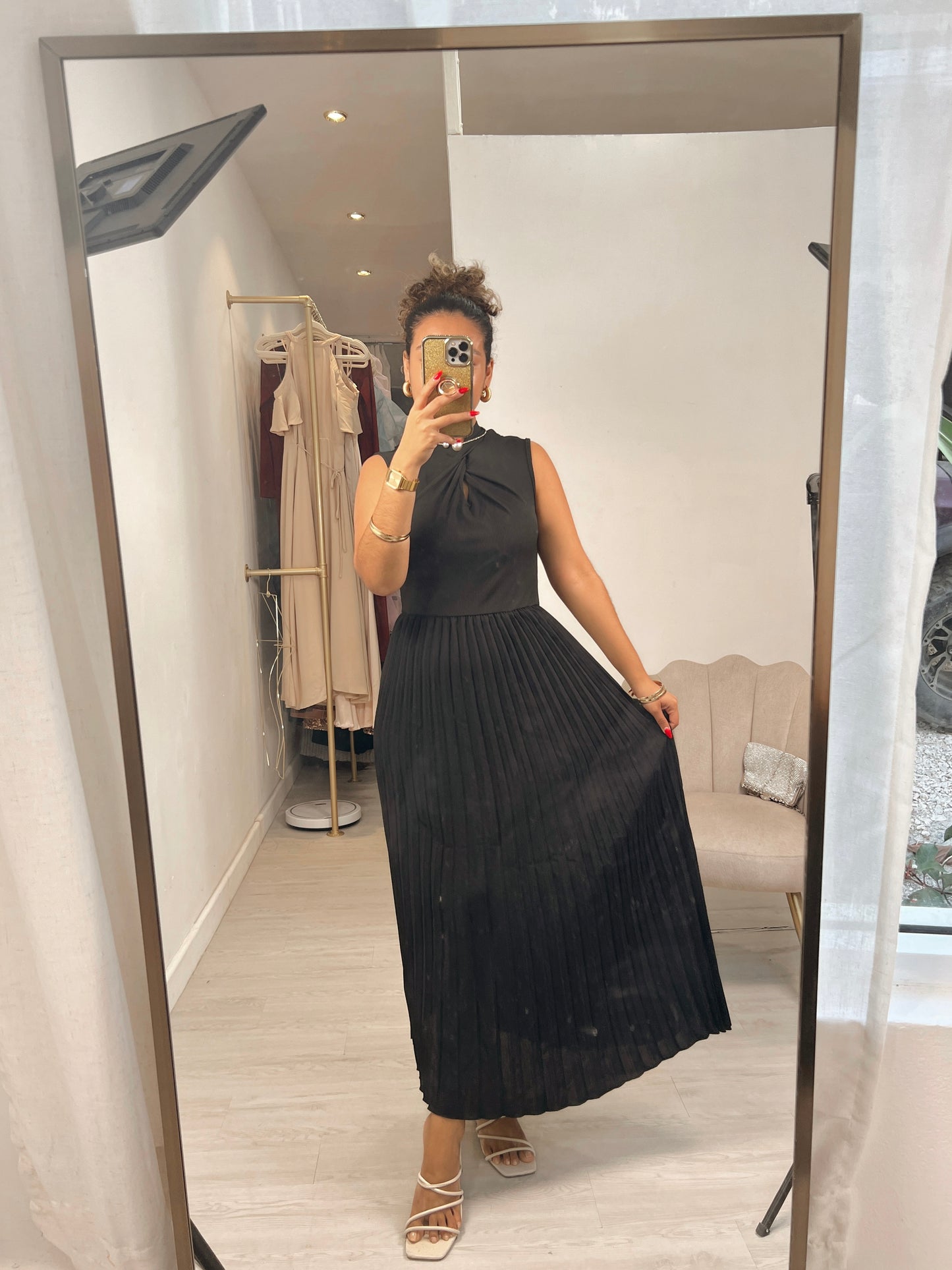 Black Pleated A-Line Maxi Dress