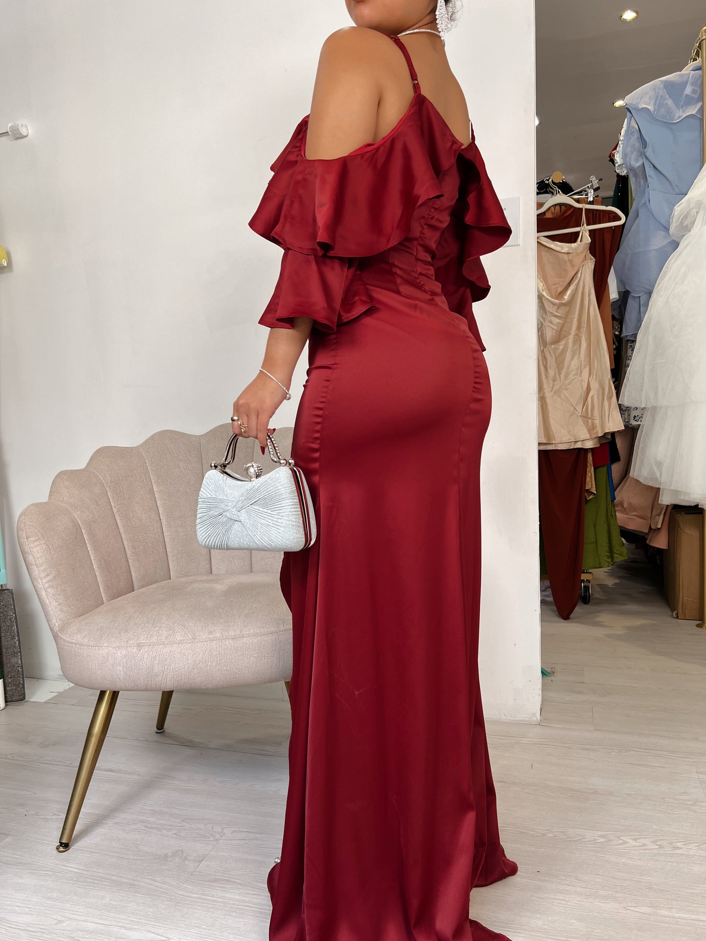 Burgundy Satin Ruffle Sleeves Maxi Gala Dress