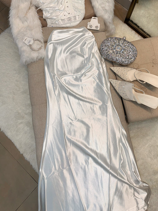 White Metallic satin Blend Maxi Skirt
