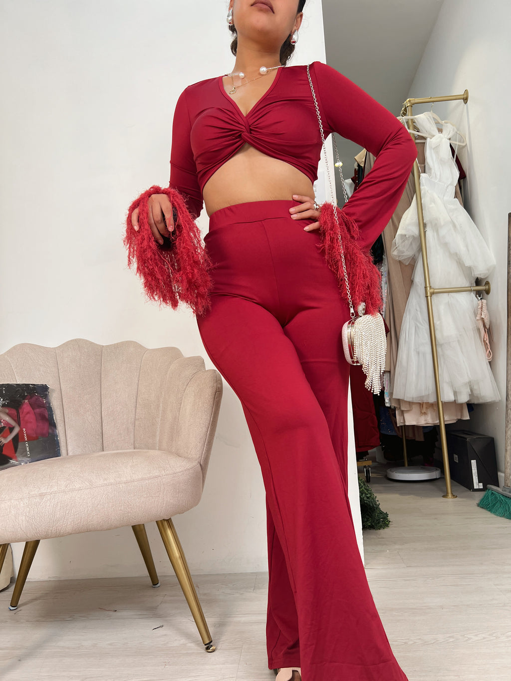 Burgundy Fuzzy Sleeved Pants Set