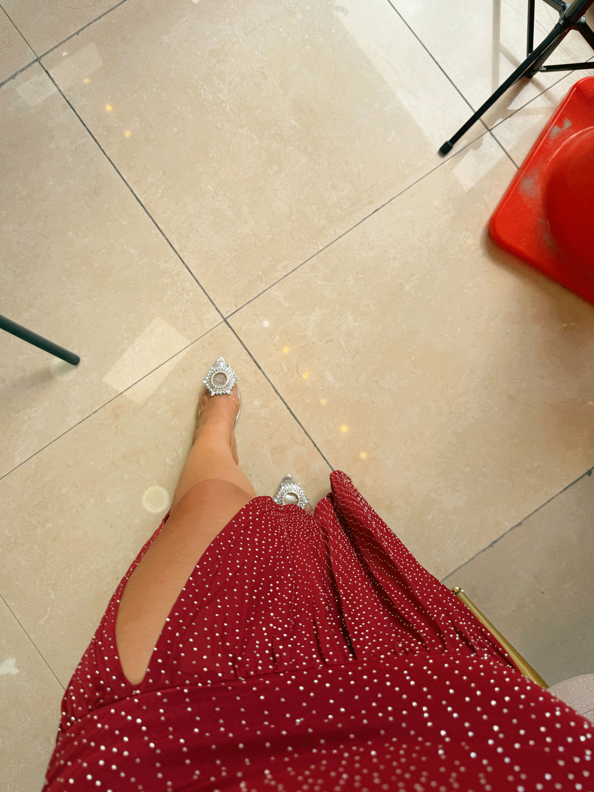 Burgundy Rhinestone Embellished Tube Mesh Hem Dress