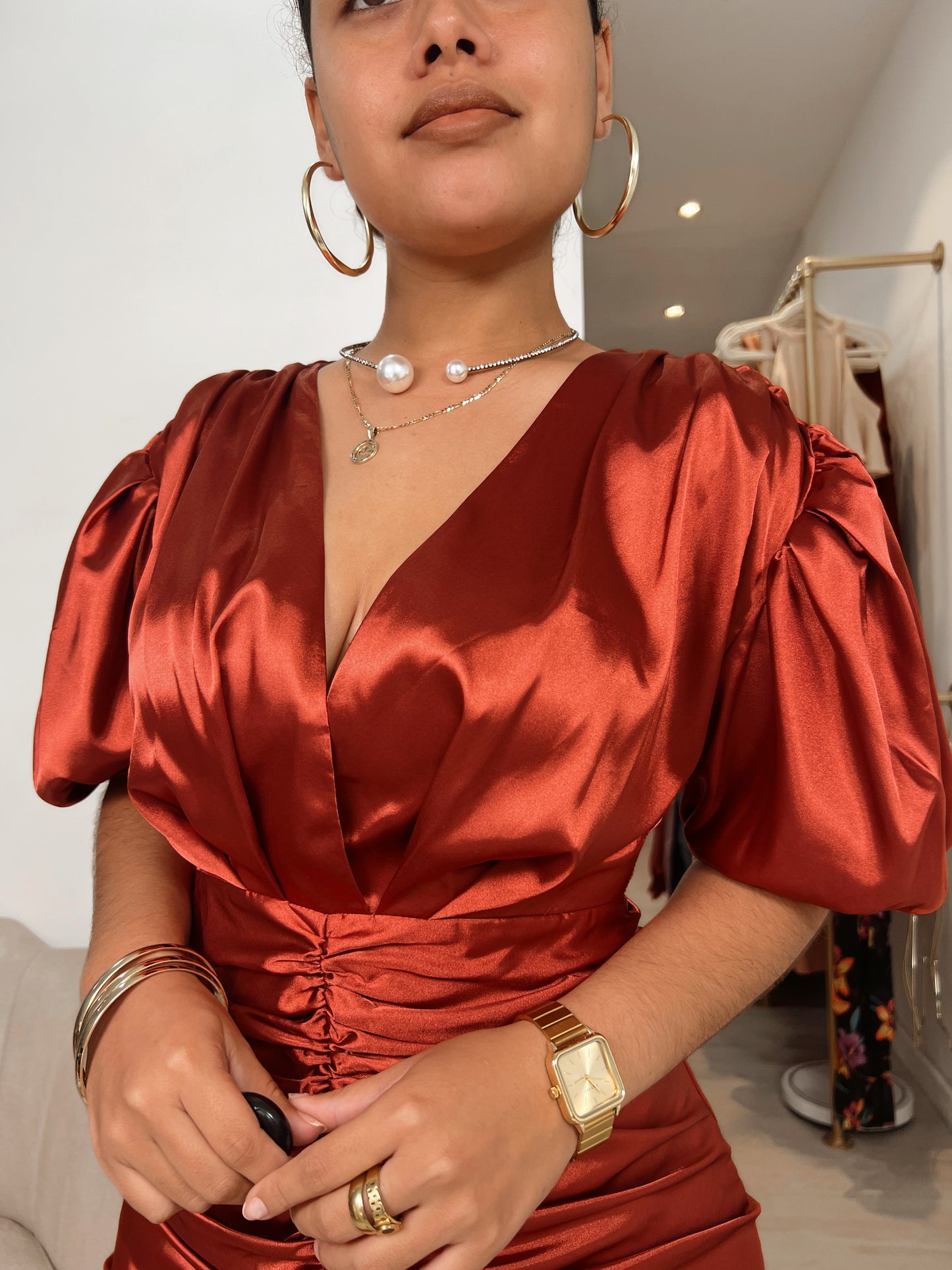 Rust Satin Puffed Sleeve Ruched Midi Dress STYLE US Rust Satin Puffed Sleeve Ruched Midi Dress STYLE US