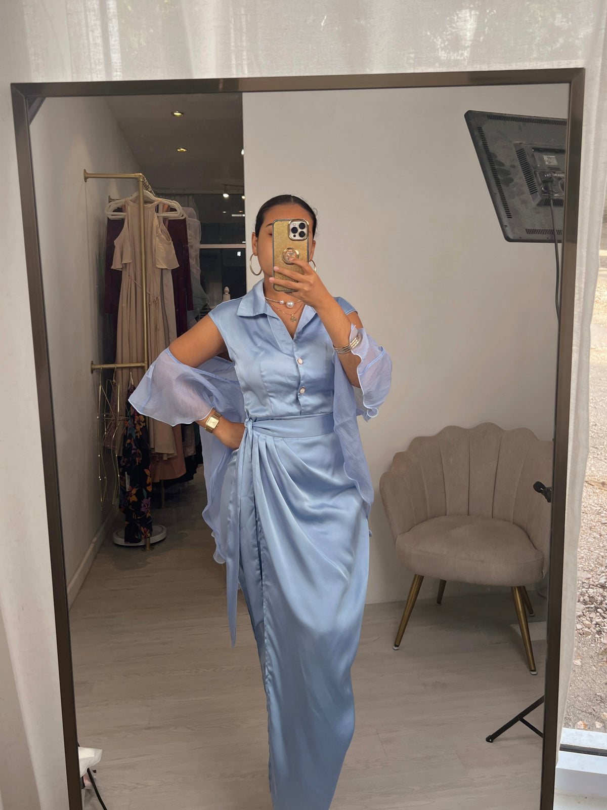 Sky Satin Wrap Button Maxi Dress + Mesh Shawl