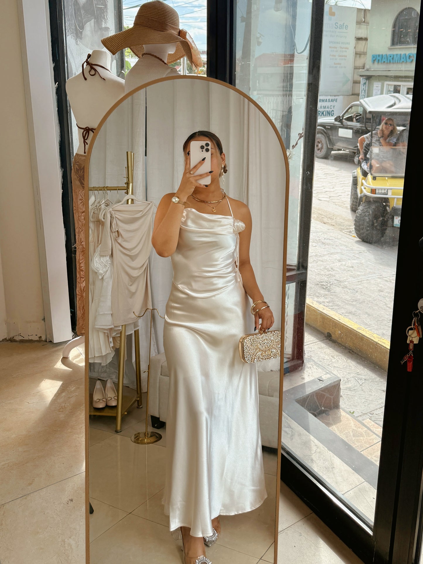 Ivory Champagne Satin Metallic A- Line Midi Dress