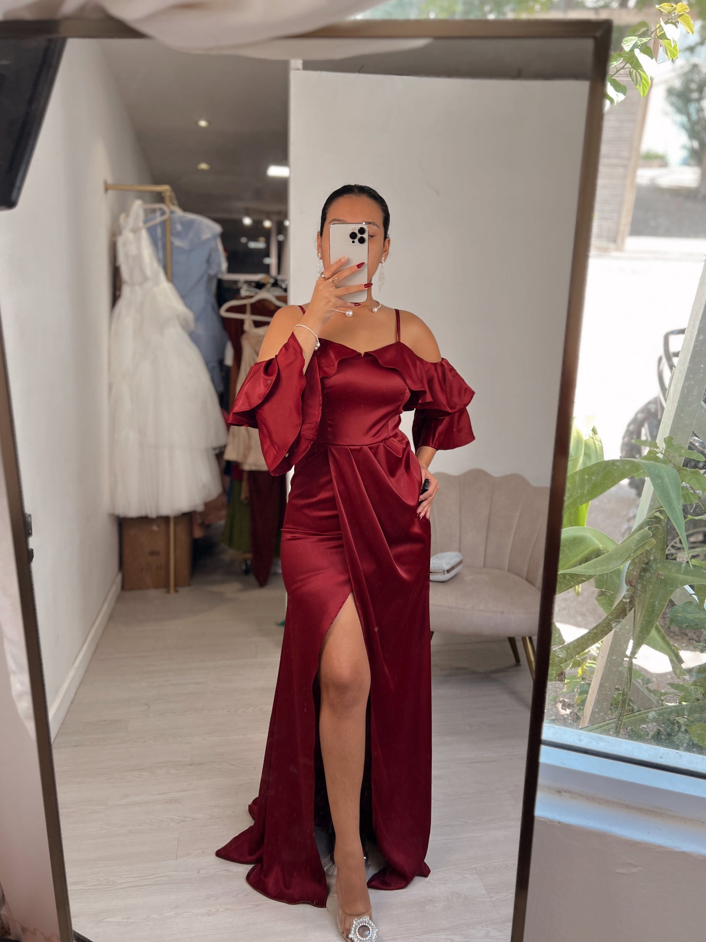 Burgundy Satin Ruffle Sleeves Maxi Gala Dress