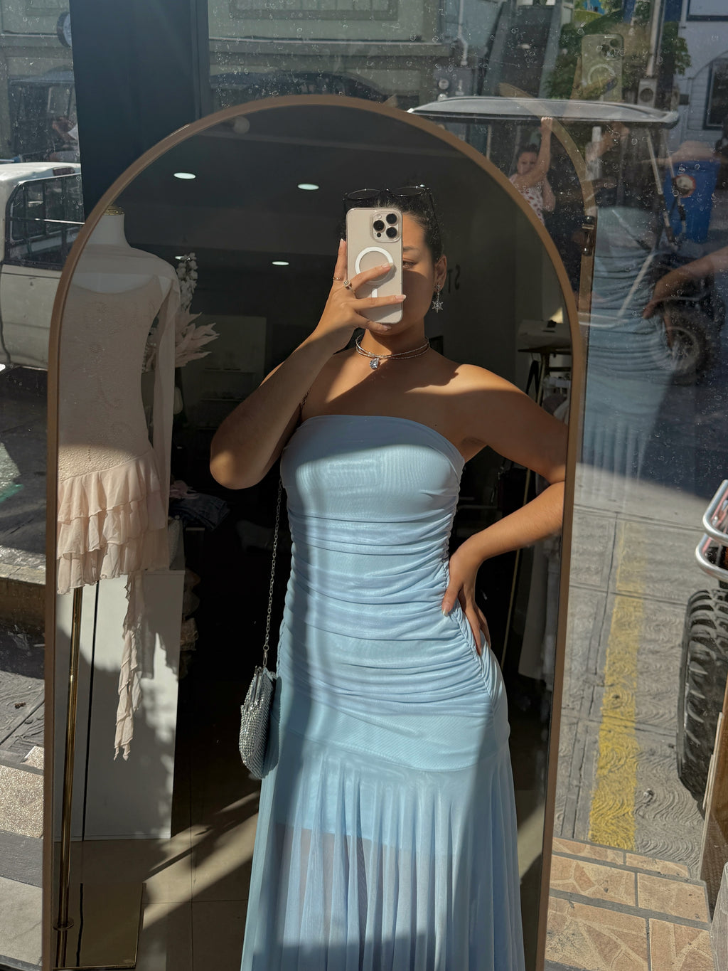 Sky Blue Mesh tube Midi Dress