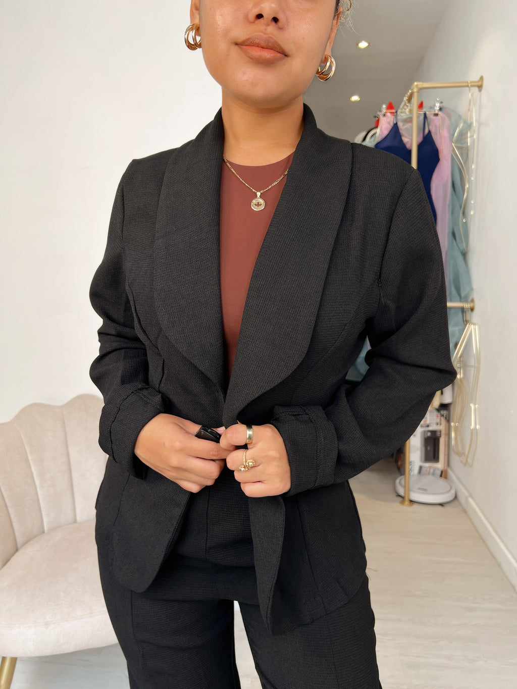 Black Textured Blazer & Pants