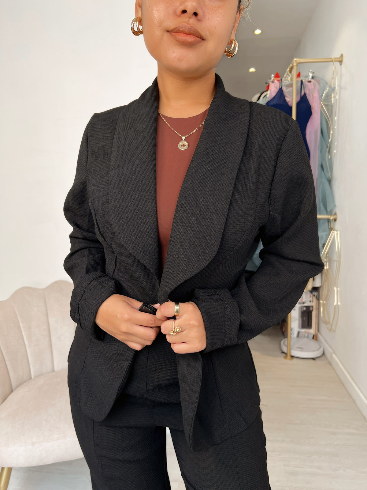 Black Textured Blazer & Pants