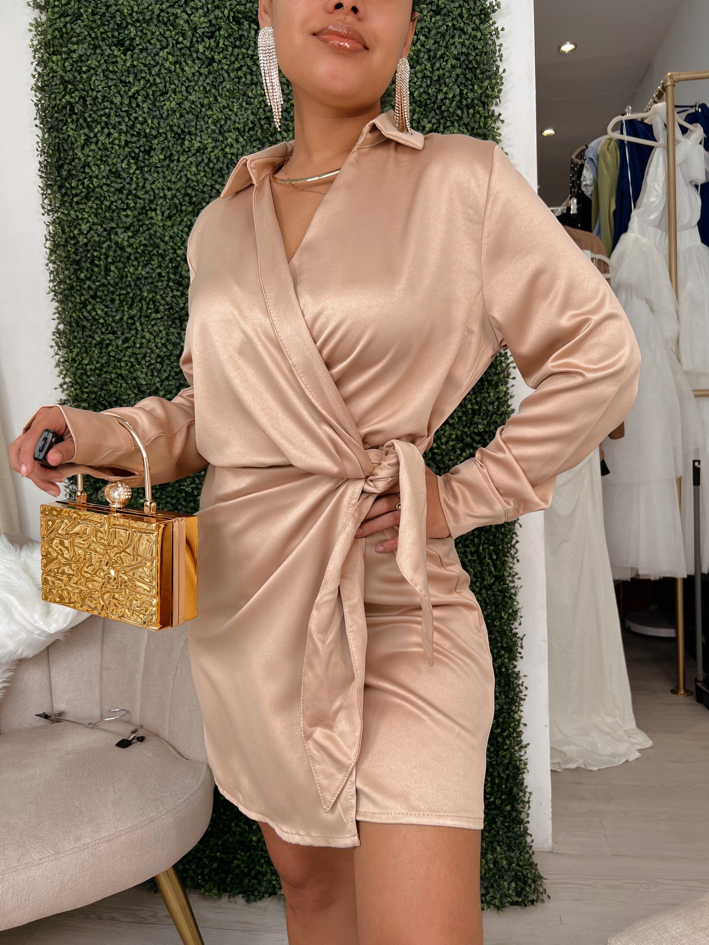 Champagne Satin Sleeved Wrap Midi Dress