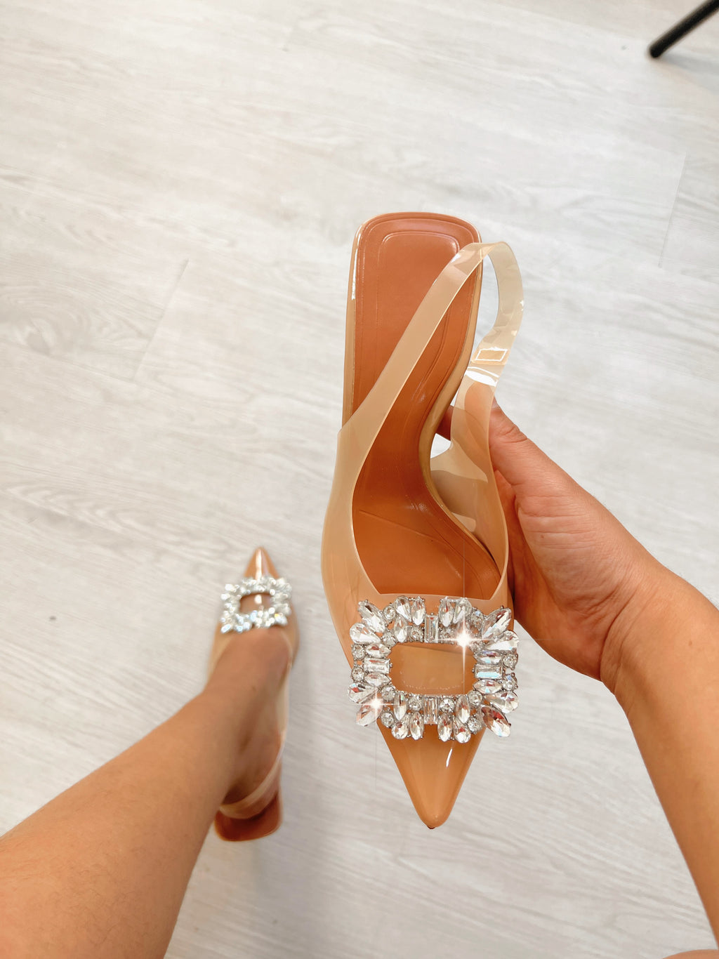 Tan Tinted Rhinestone Pumps