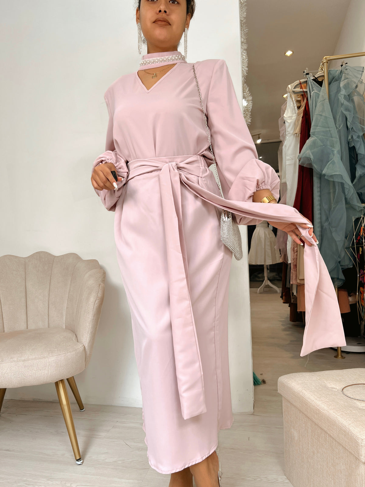 2pc Dusty Pink Modest Tie Waist Skirt Set