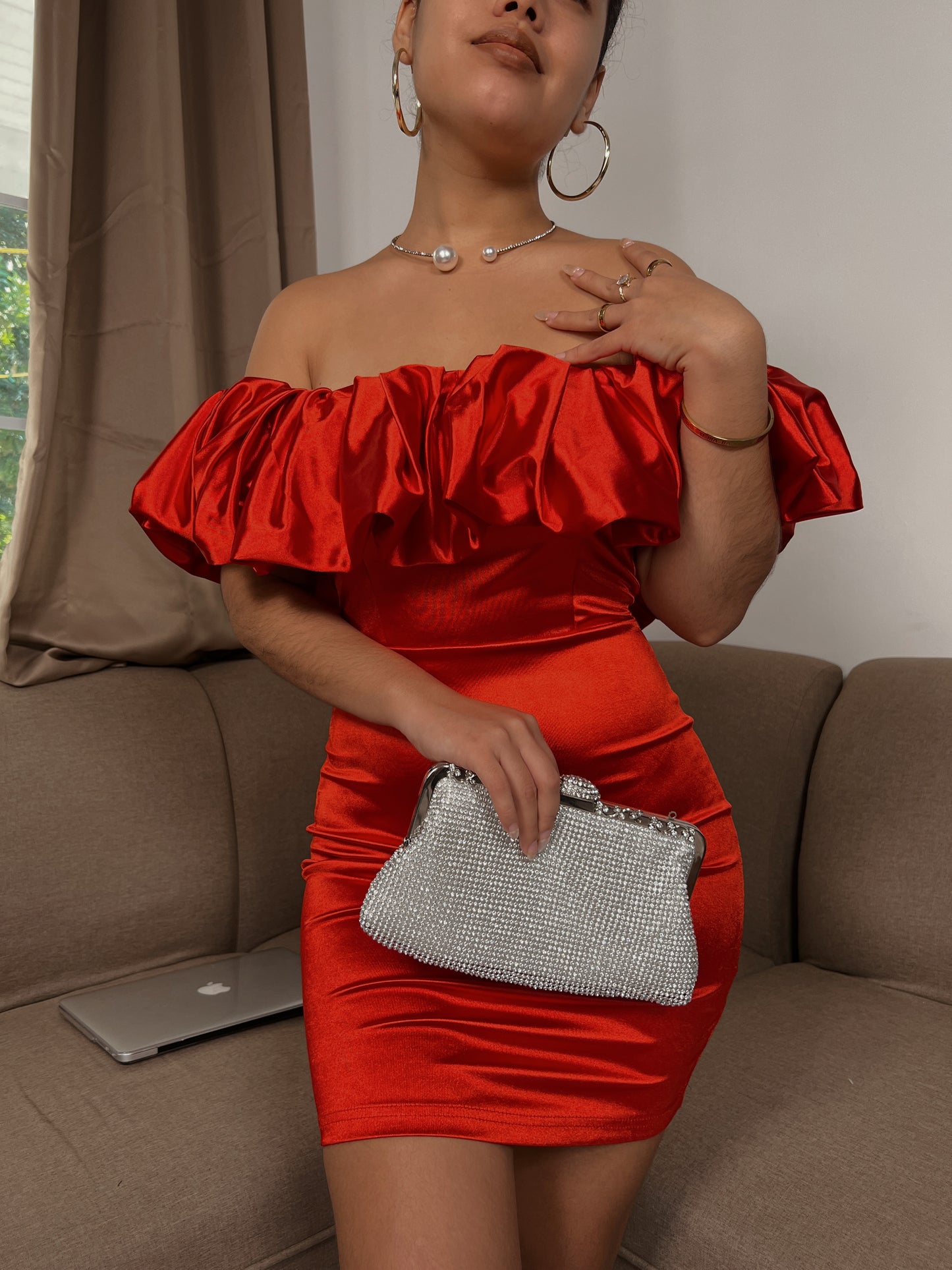 Red Ruffle Satin Bardot Mini Dress