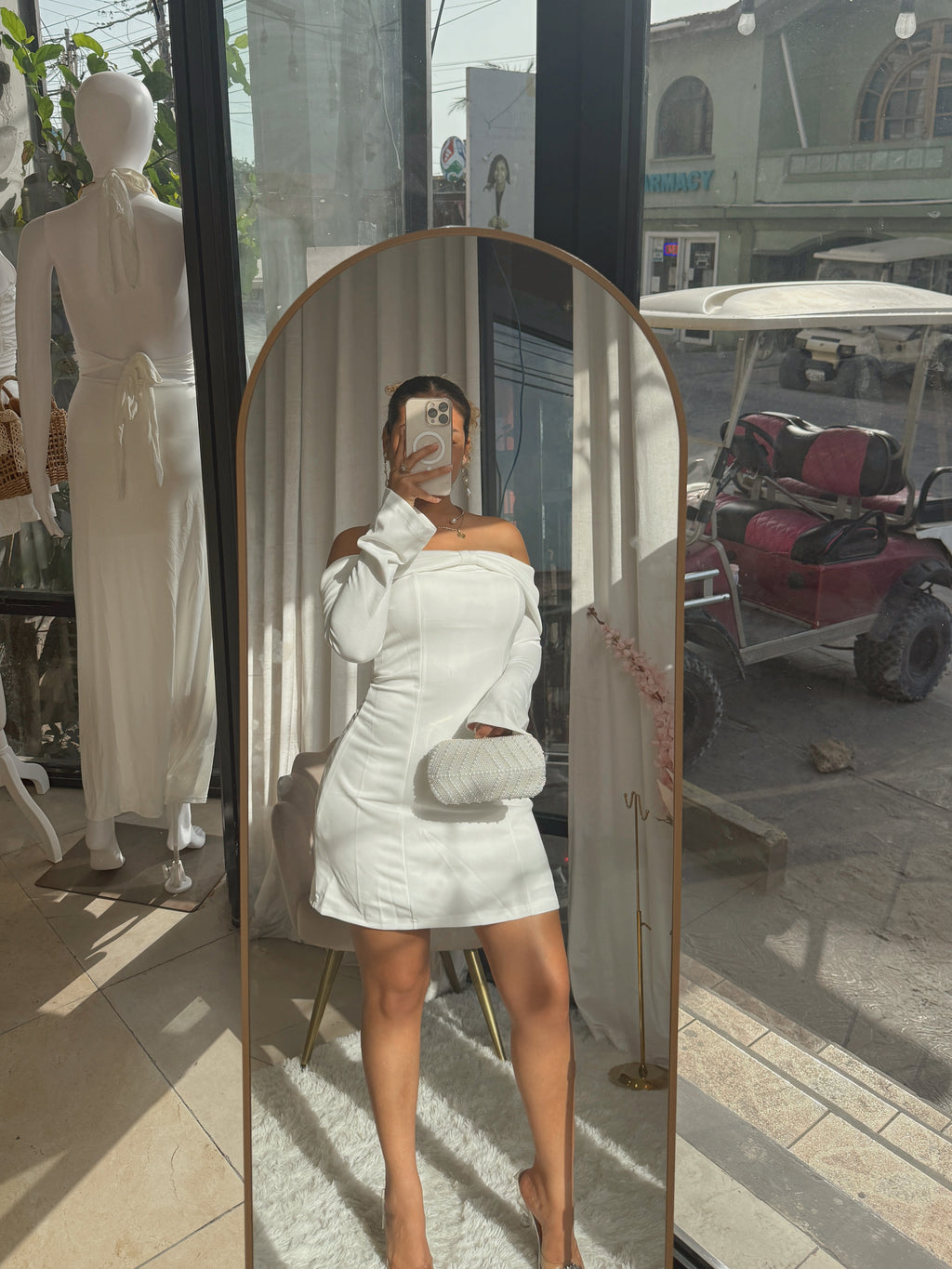 White Bardot Sleeved Mini Dress