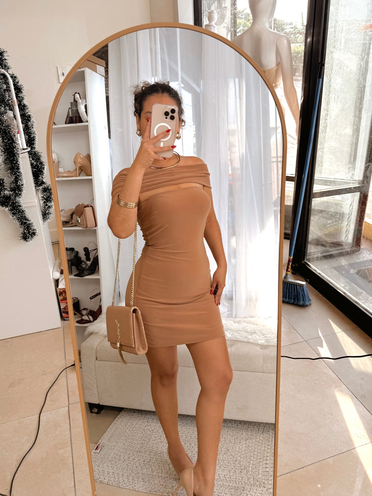 Tan Bardot Mini Dress