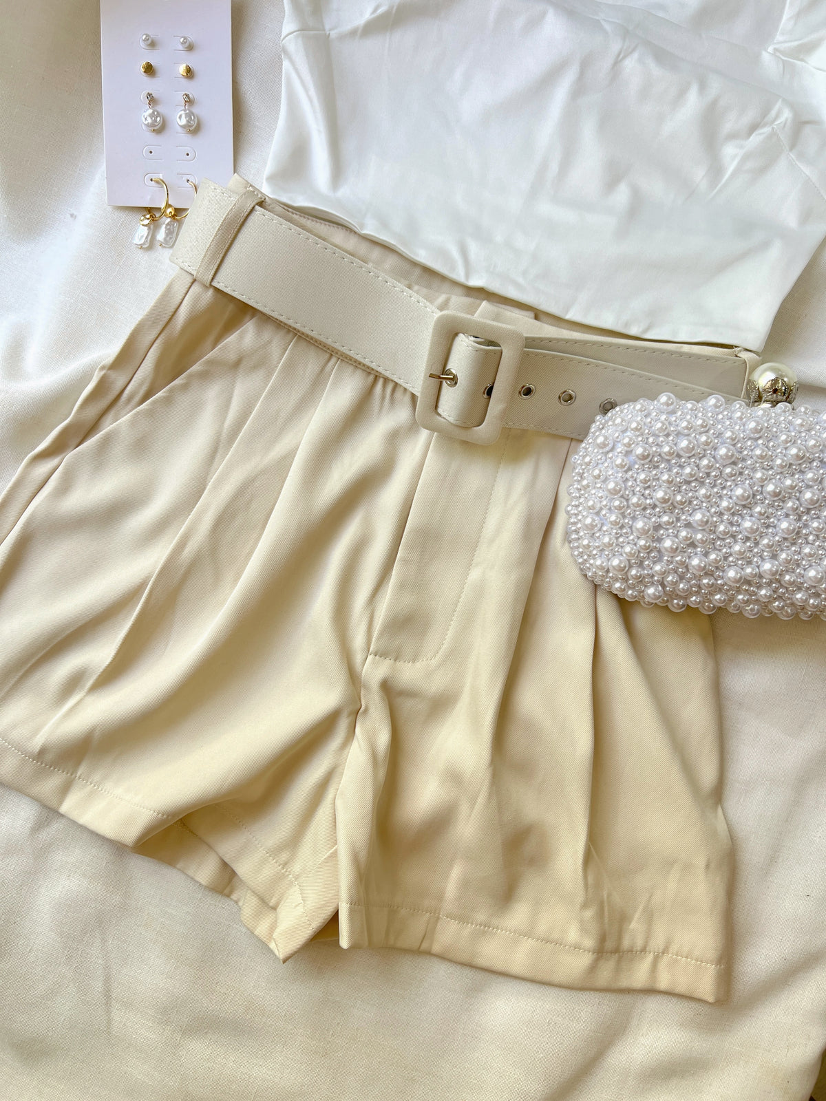 Beige Belted Shorts