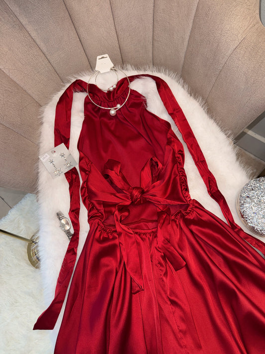 Dark Red Silk Halter A-Line Mini Dress