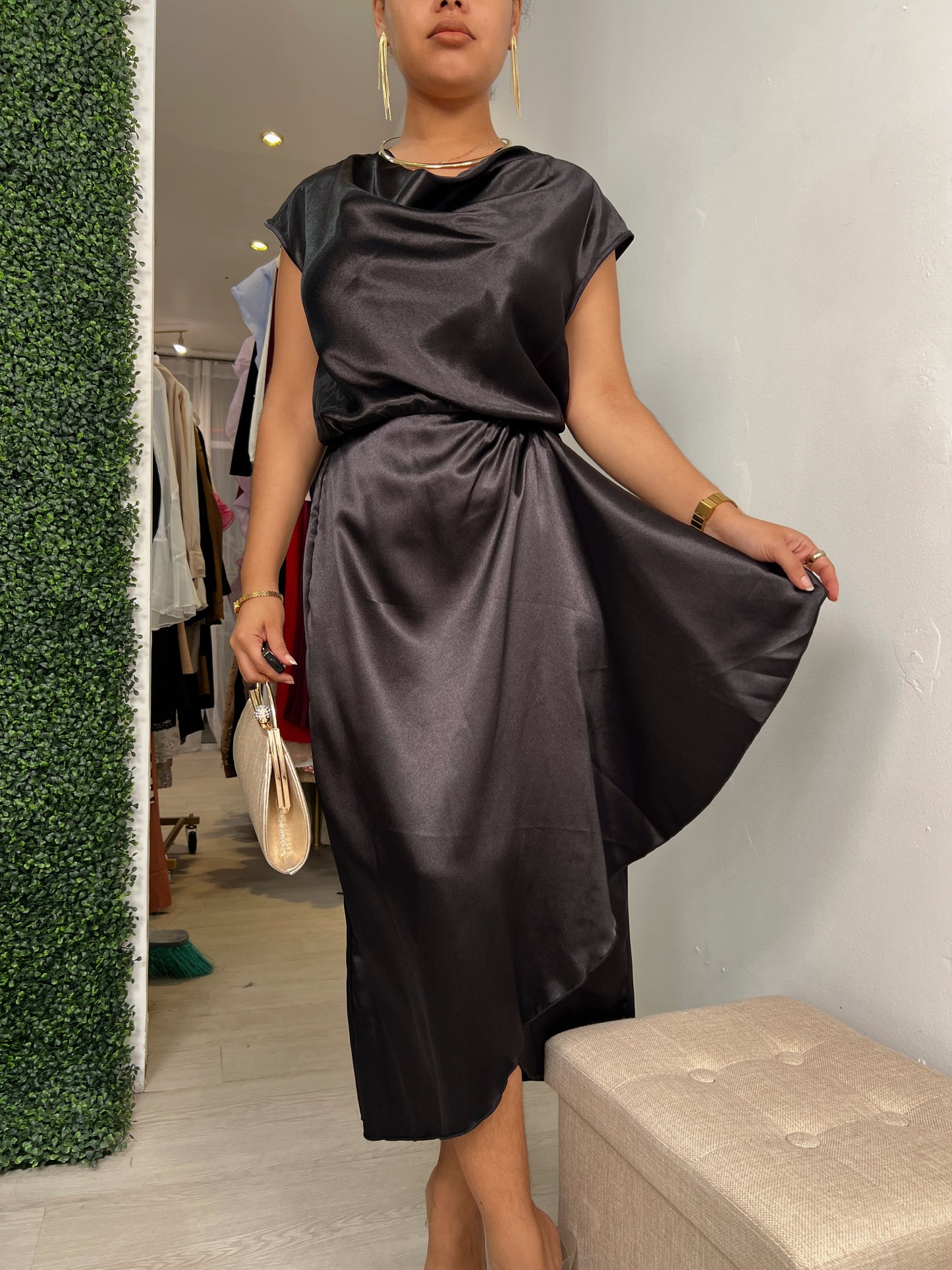 Black Silk Cowl Neck Wrap Midi Dress