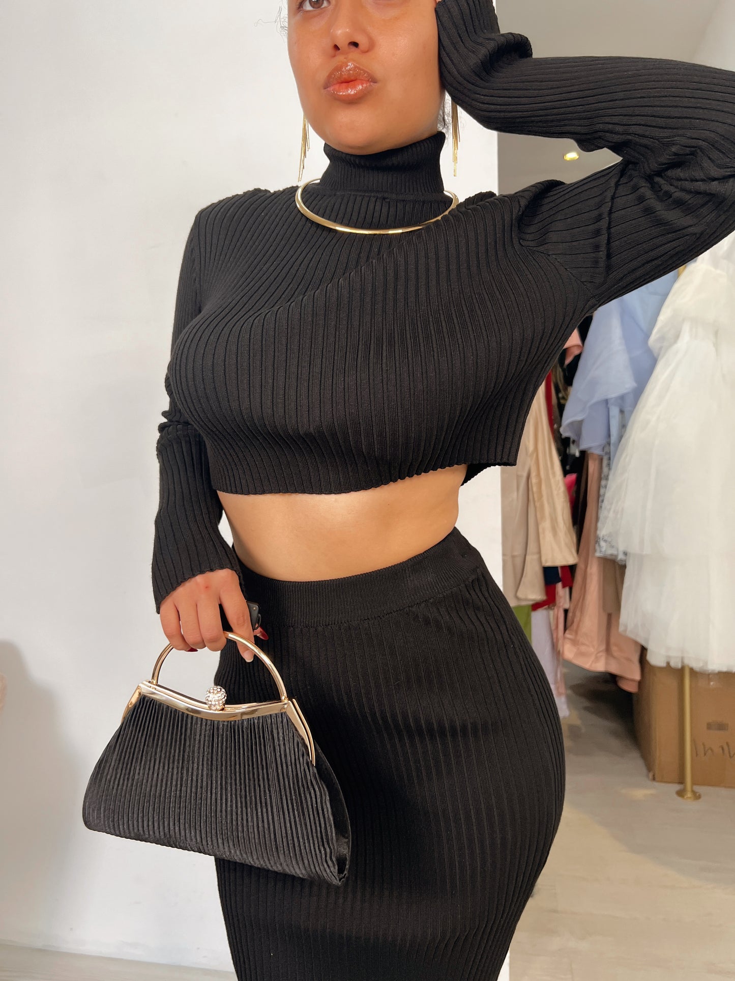 Black Ribbed Sweater Midi Skirt Set