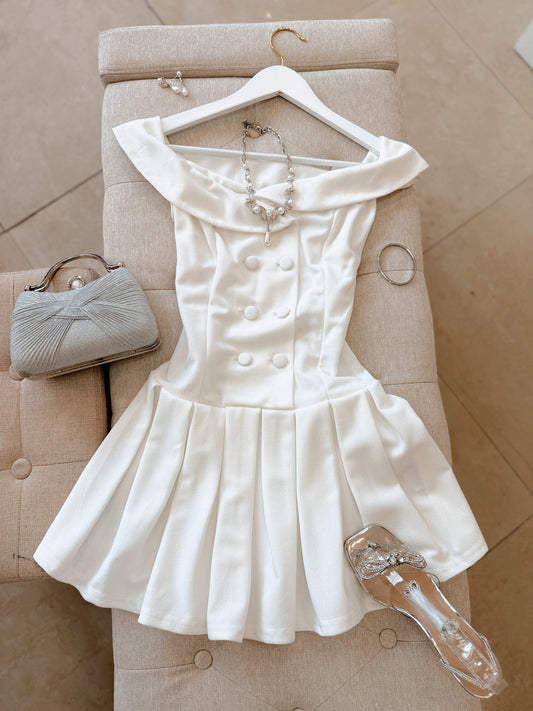 White Button Pleated Mini Dress
