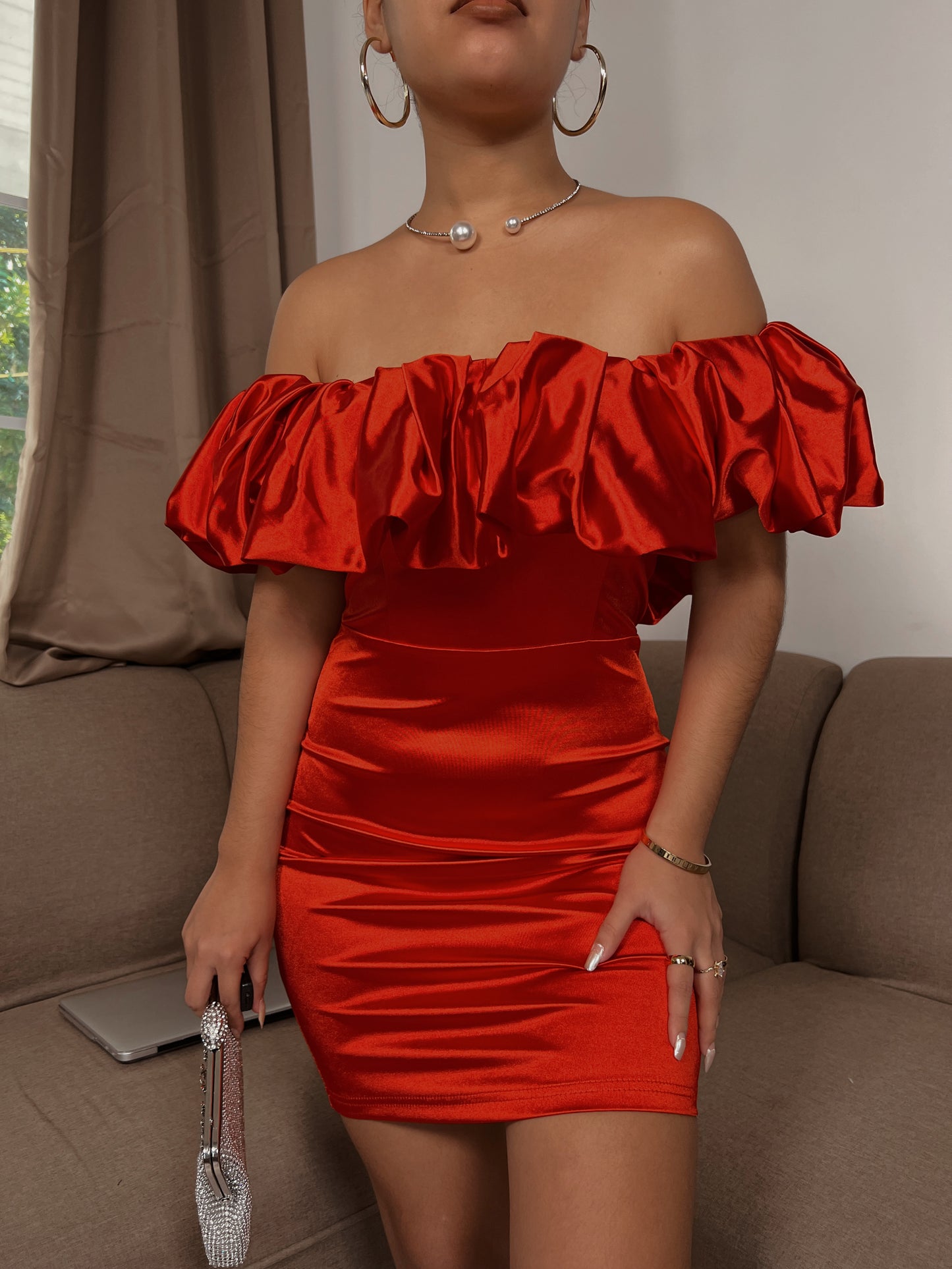 Red Ruffle Satin Bardot Mini Dress