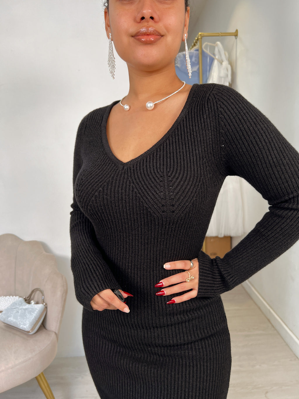 Black Rib-knit Sweater Midi Dress