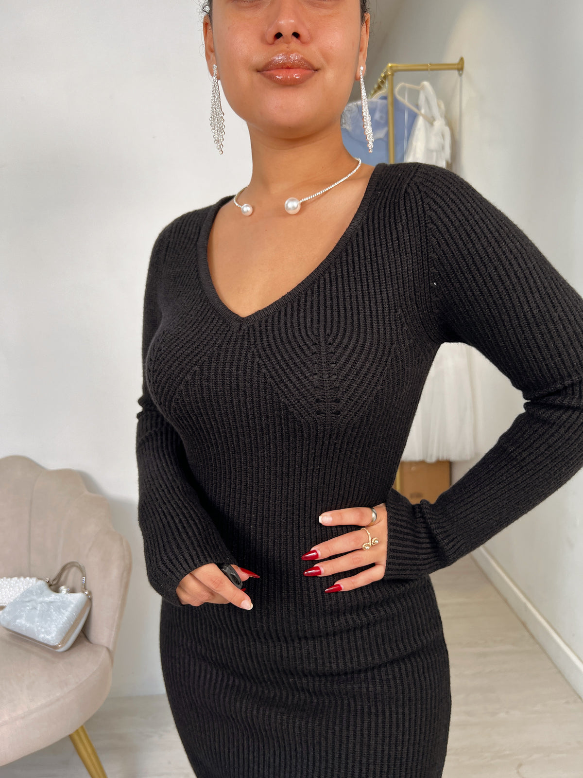 Black Rib-knit Sweater Midi Dress