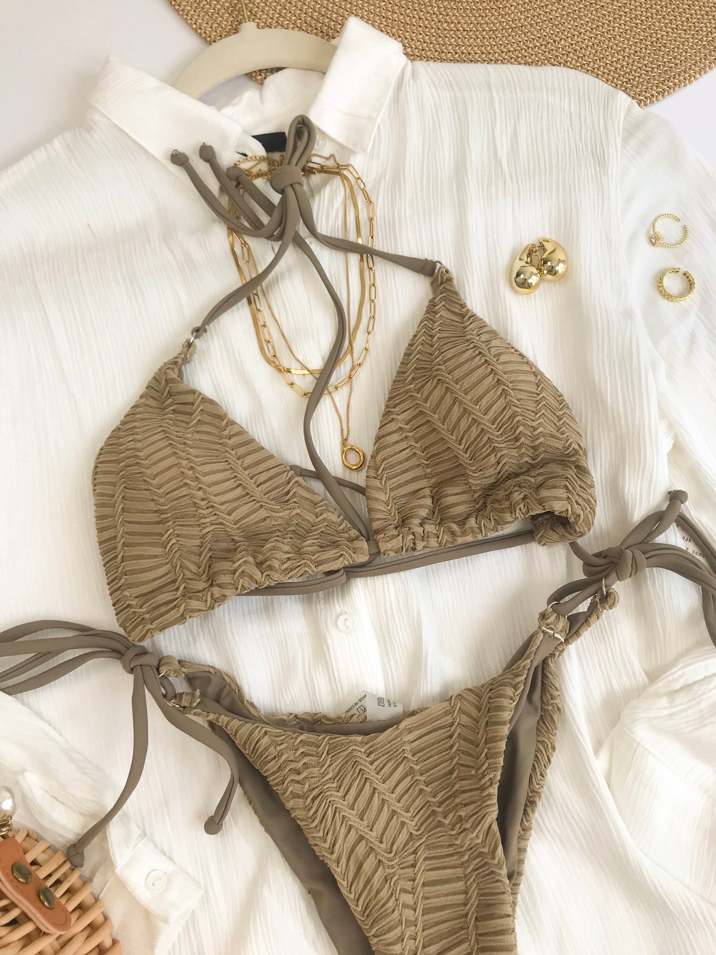 Kahki Text Triangle Bikini