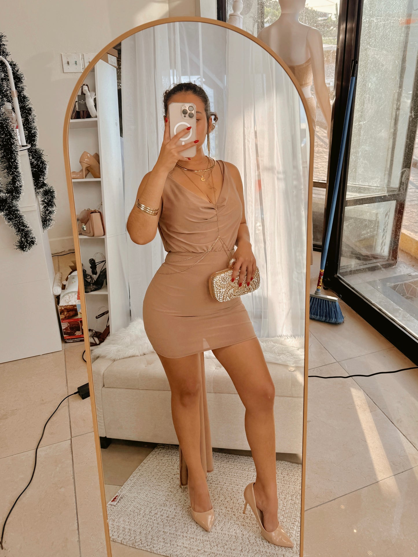 Caramel Draped Mini Dress