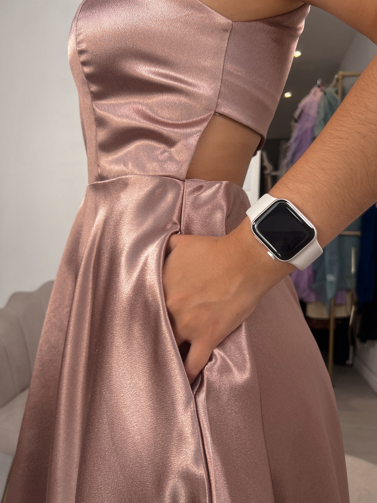 Dusty Pink Metallic Satin Cocktail Dress