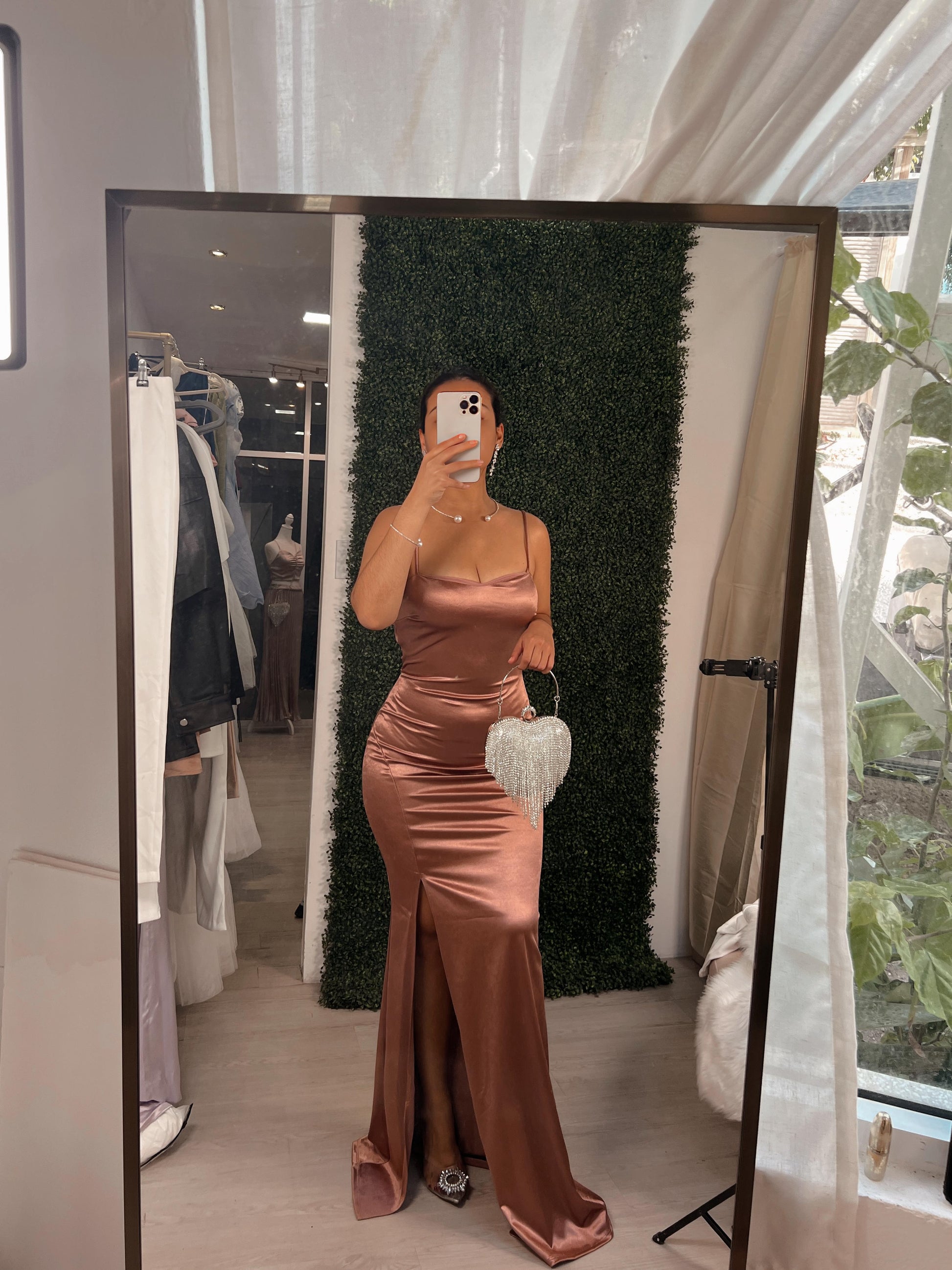 Rose Gold Metallic Satin Maxi Dress STYLE US Rose Gold Metallic Satin Maxi Dress STYLE US
