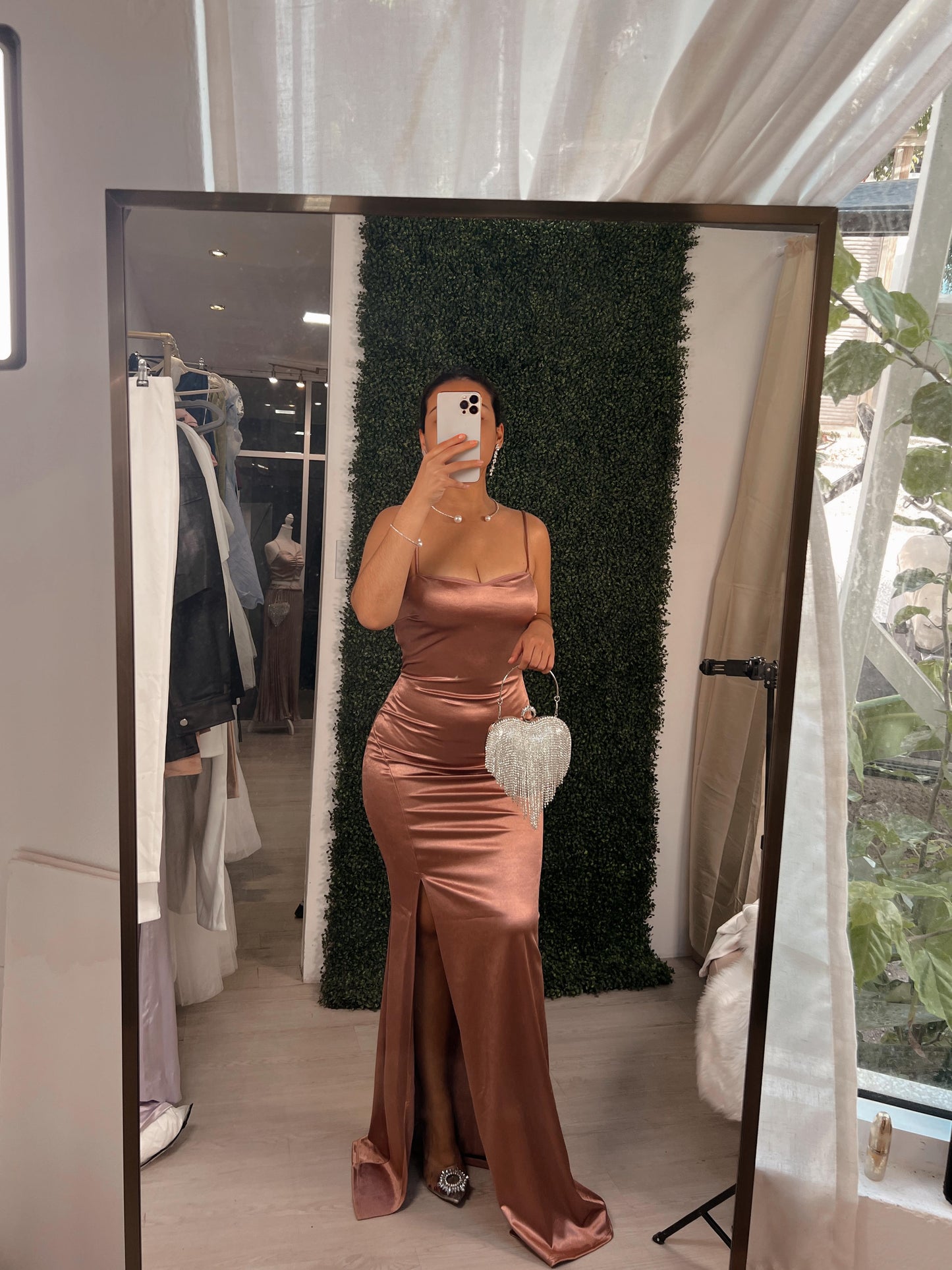 Rose Gold Metallic Satin Maxi Dress