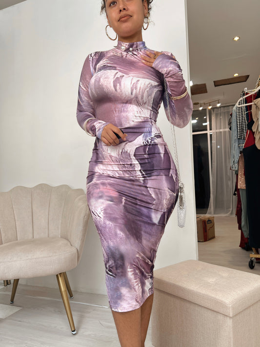 Purple Marble Design Midi Dress