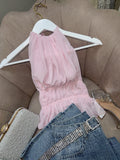 Pink Mesh Halter Open Back Top