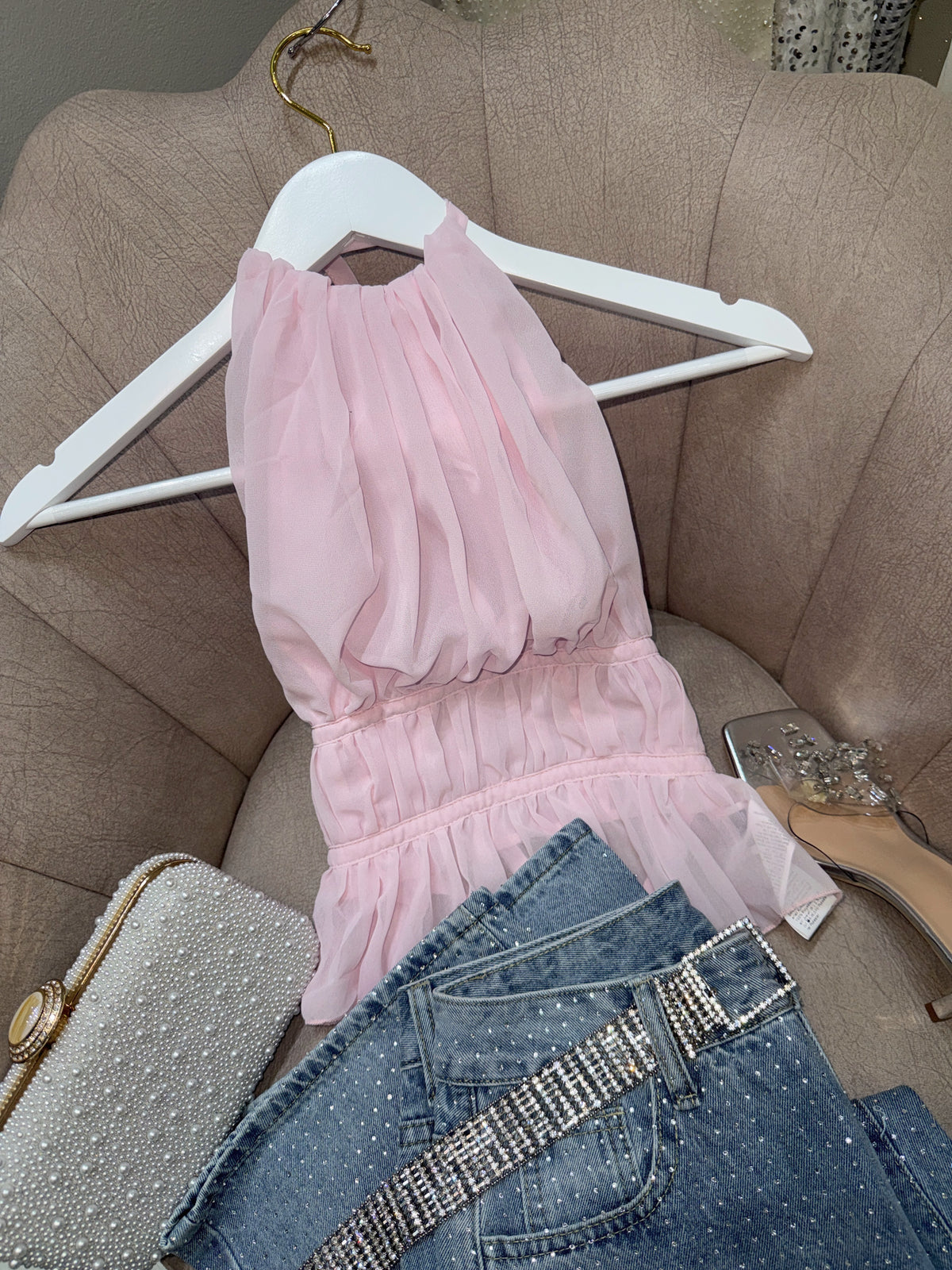 Pink Mesh Halter Open Back Top