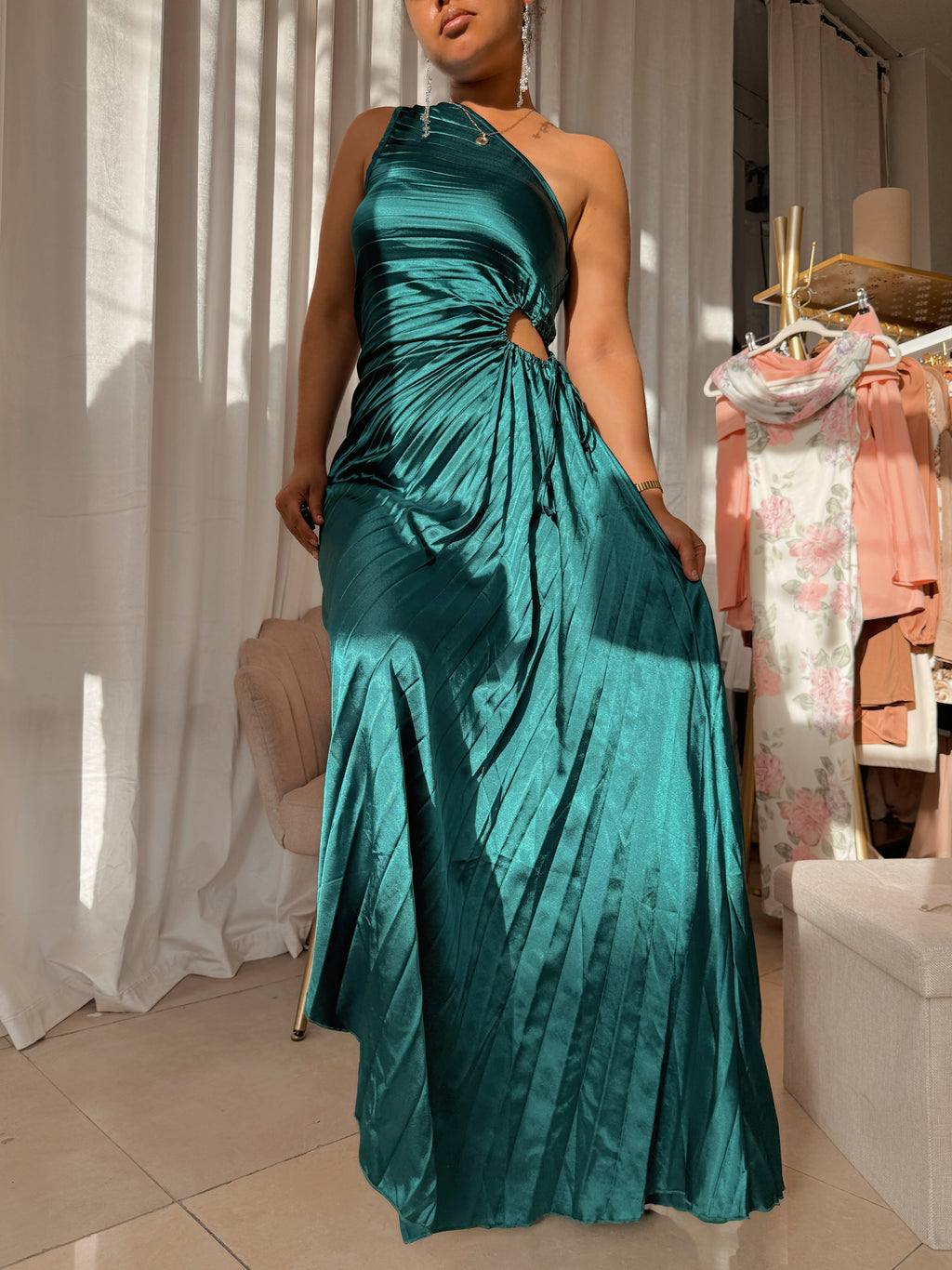 Emerald Green Asym Satin Dress