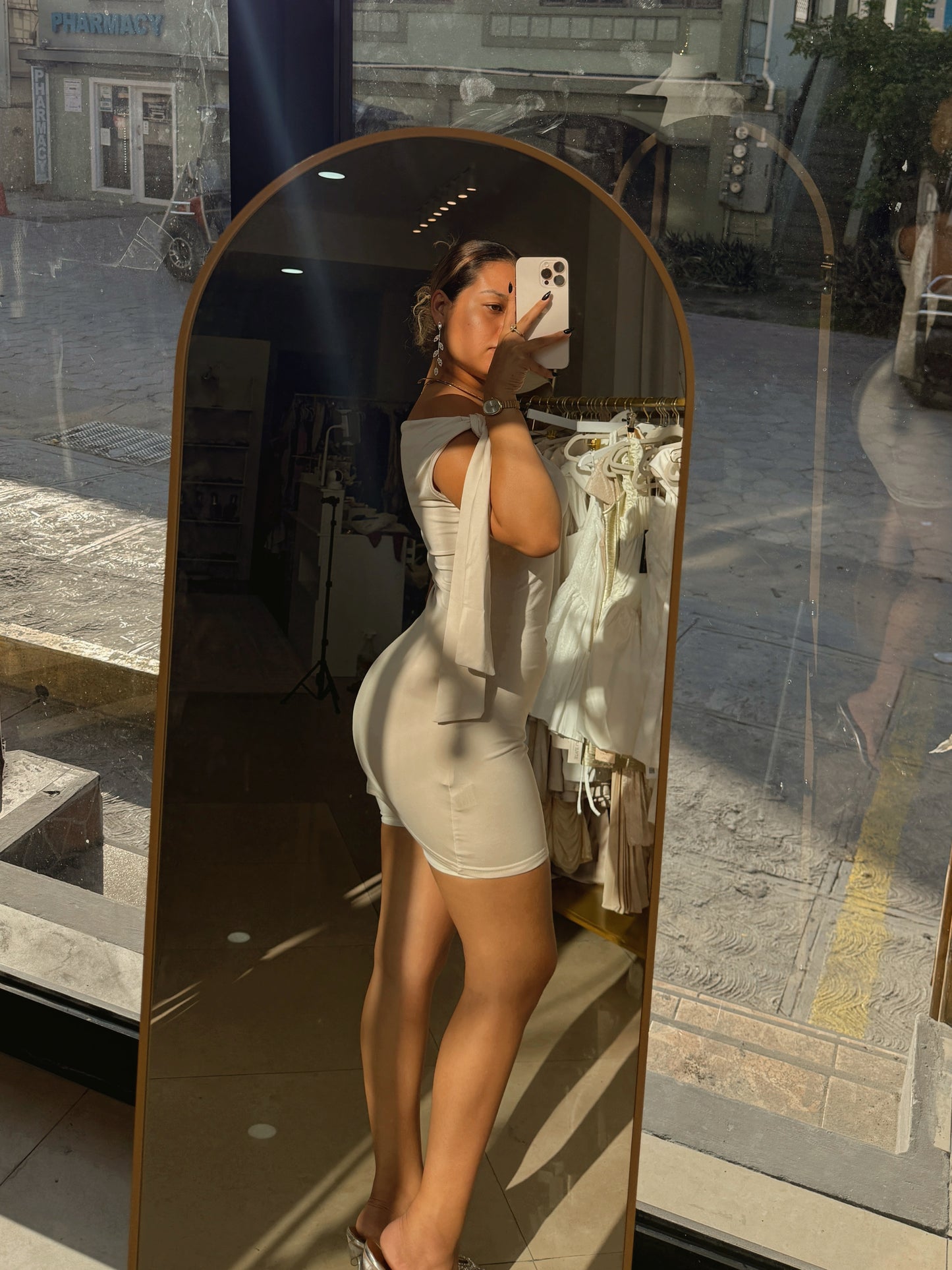 Cream Beige Tie Shoulder Mini Dress