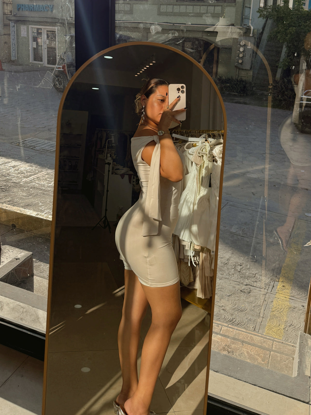 Cream Beige Tie Shoulder Mini Dress