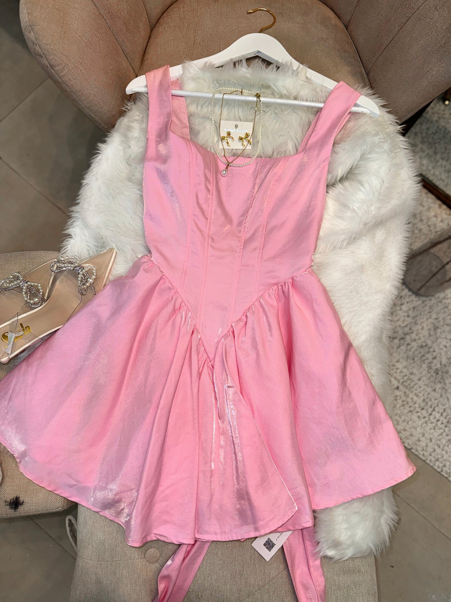 Pink Metallic A-line Mini Dress
