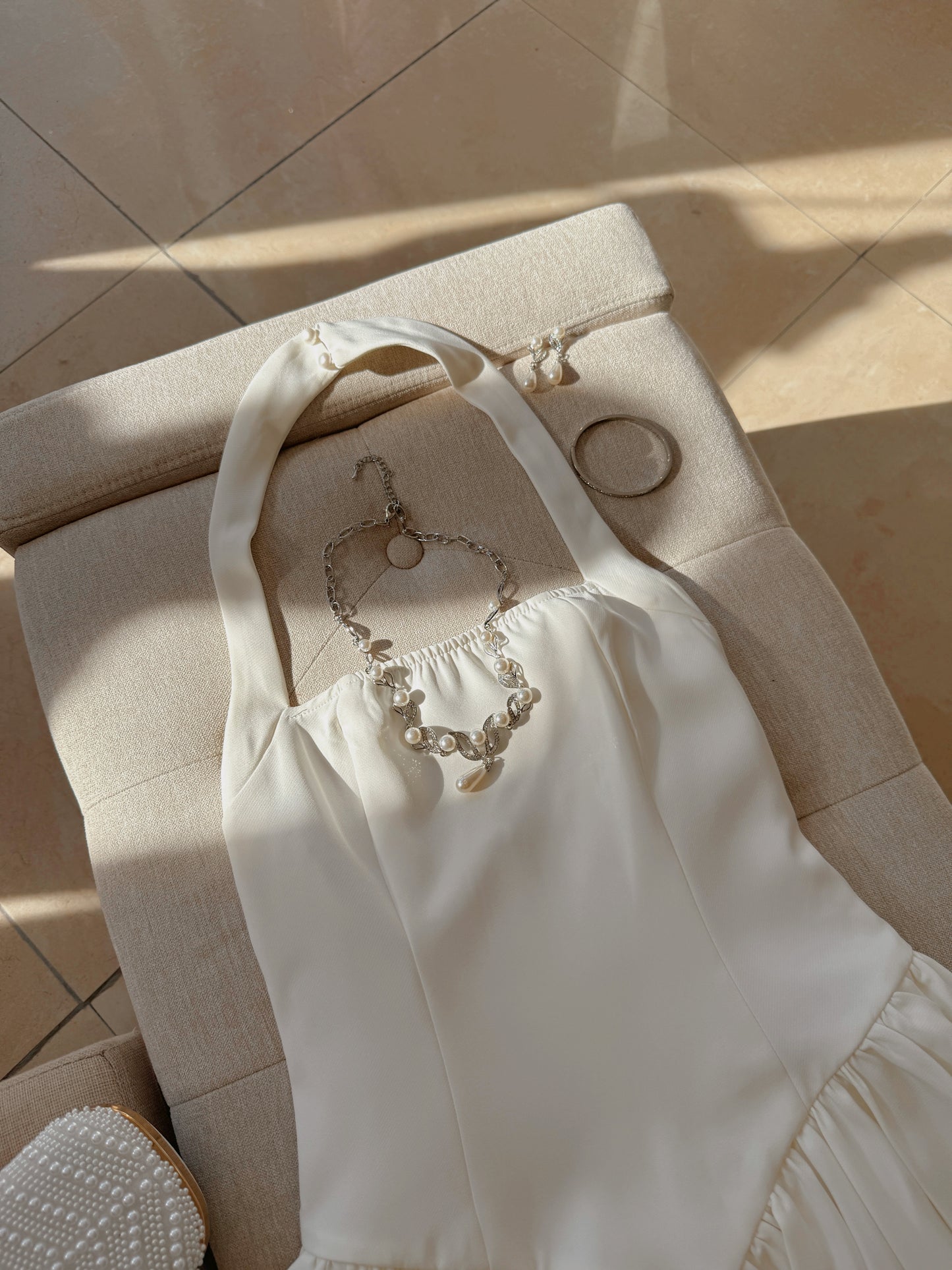 Off White Pleated Halter Mini Dress