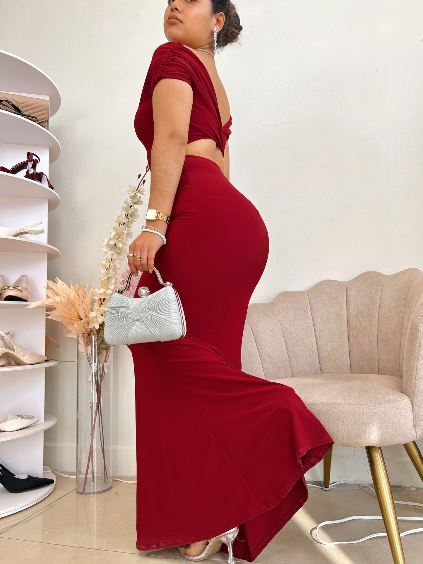 Burgundy Bardot Off Shoulder Maxi Dress
