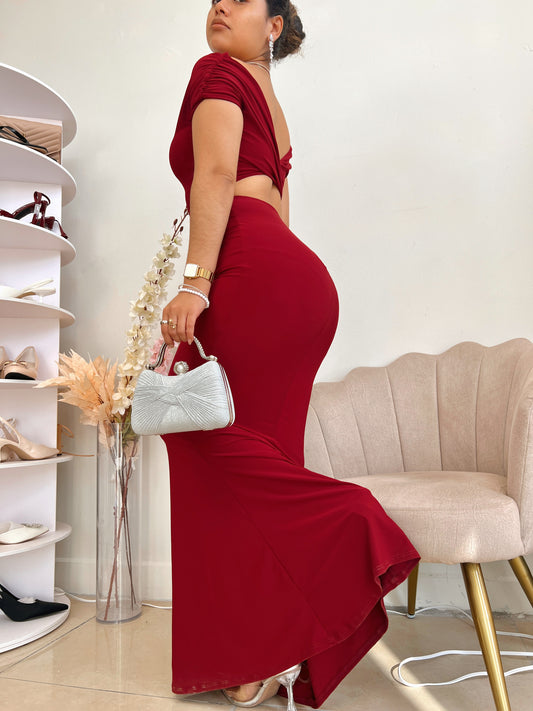 Burgundy Bardot Off Shoulder Maxi Dress