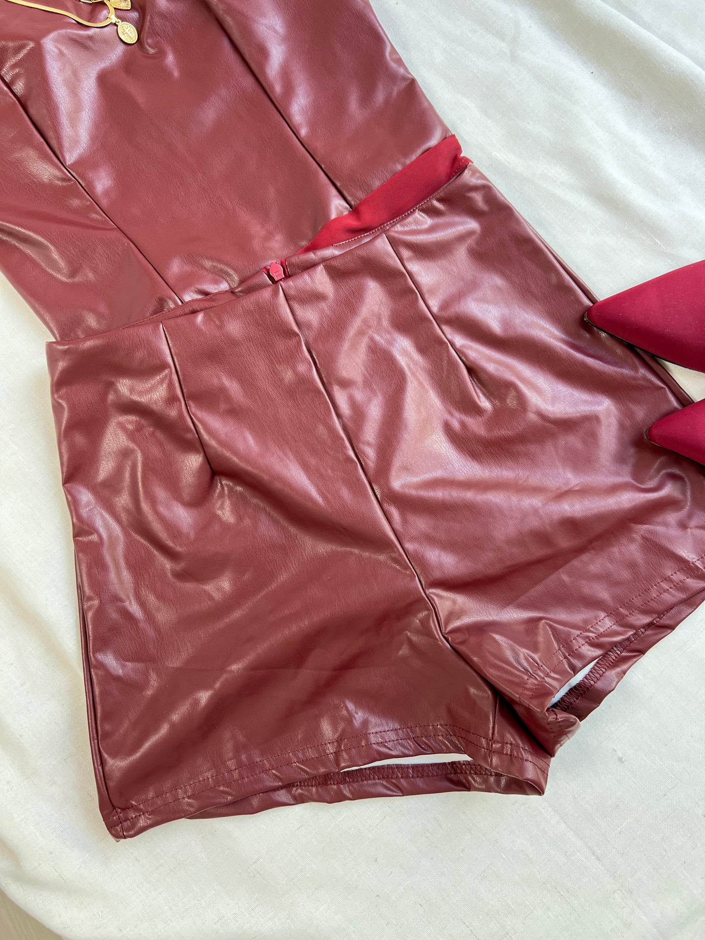 Burgundy Leather Bodysuit + Shorts Set