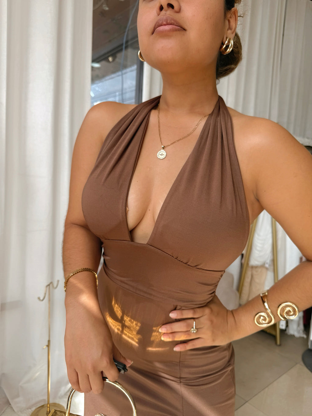 Brown Halter Tie back Midi Dress